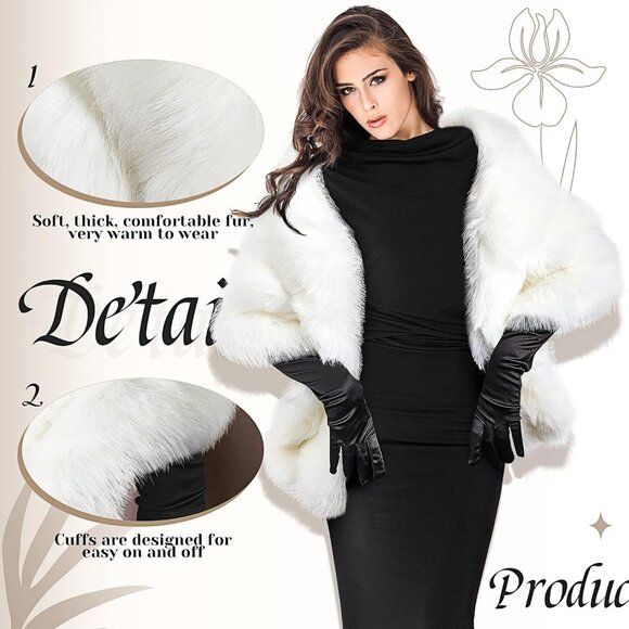Winter Faux Fur Shawl and Satin Gloves Set for Women Dress Party Wedding - Picture 3 of 6